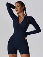 Jumpsuit Long-Sleeved Shorts with Open Collar and Zip-Up Sportswear Leggings