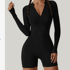 Jumpsuit Long-Sleeved Shorts with Open Collar and Zip-Up Sportswear Leggings