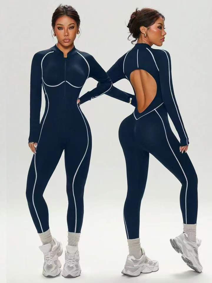 Women's Seamless Yoga Jumpsuit with Color-Block Design