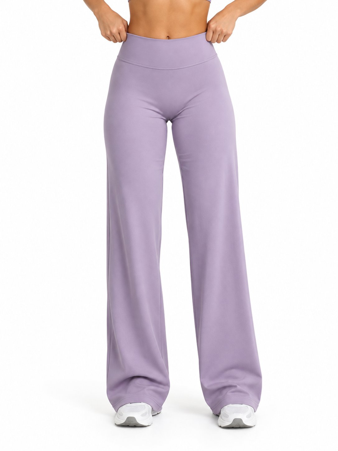 Lavender high-waisted straight-leg yoga trousers, full-length front view on white.